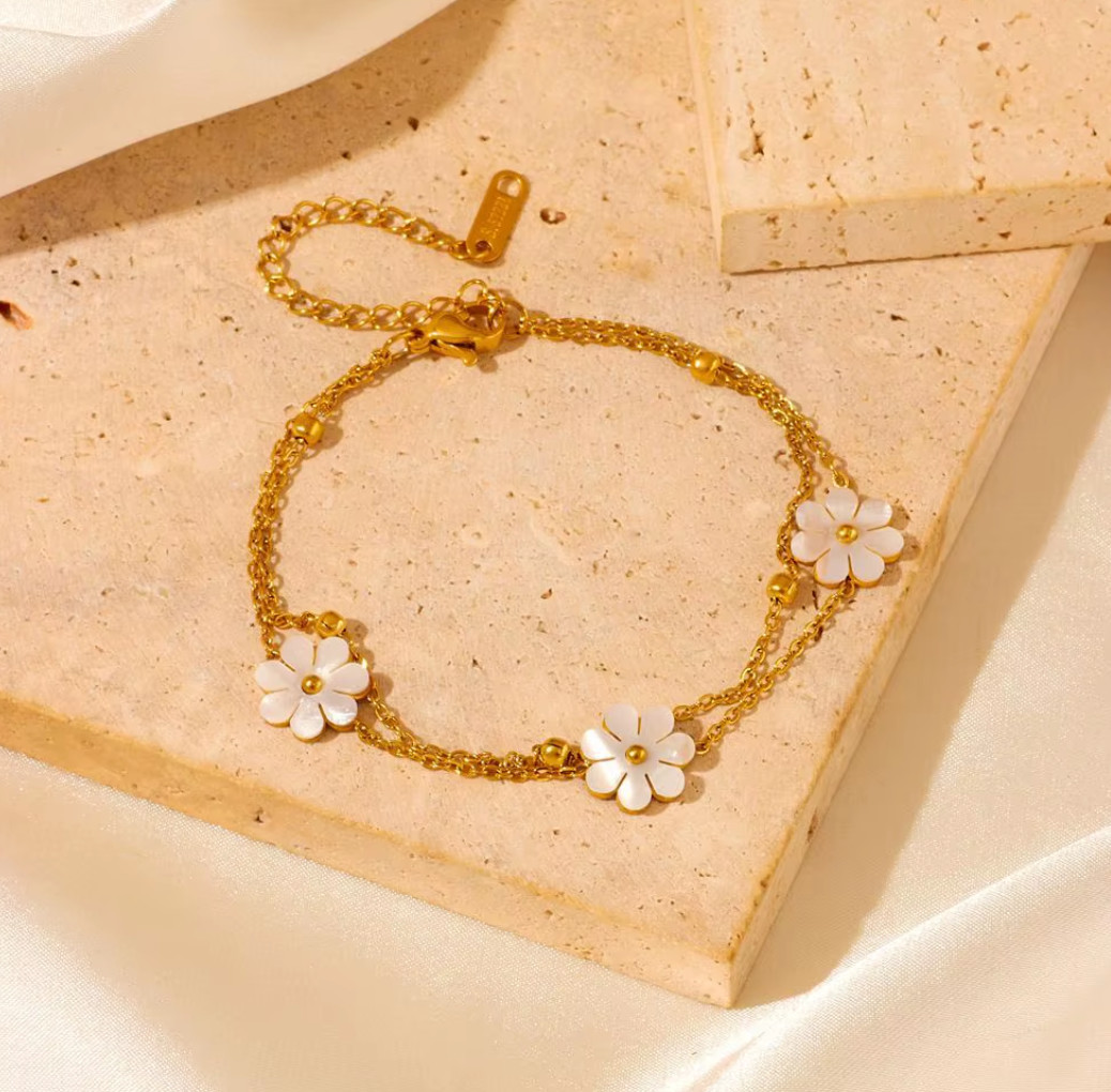 HER - Korean Style Shell Flower Double Layer Necklace-Earrings-Bracelet Jewelry Set - 18K Gold Plated Stainless Steel