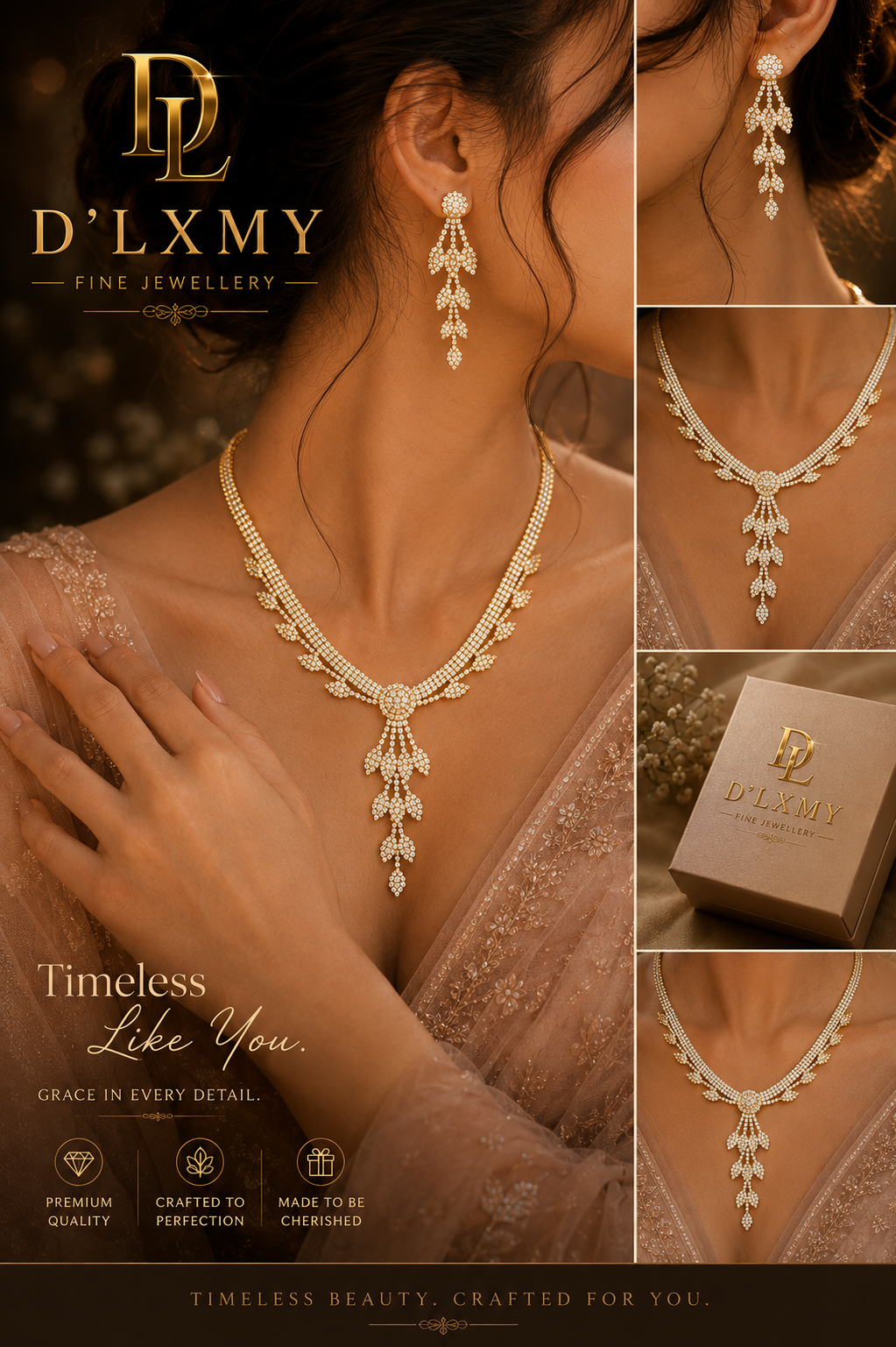 HER - Leaf Tassels Long Length Rhinestones Necklace Earring Jewelry Set