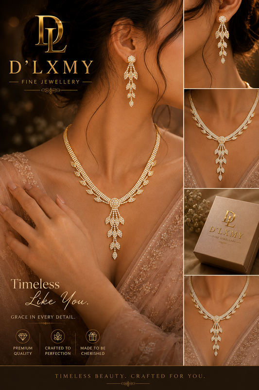 HER - Leaf Tassels Long Length Rhinestones Necklace Earring Jewelry Set