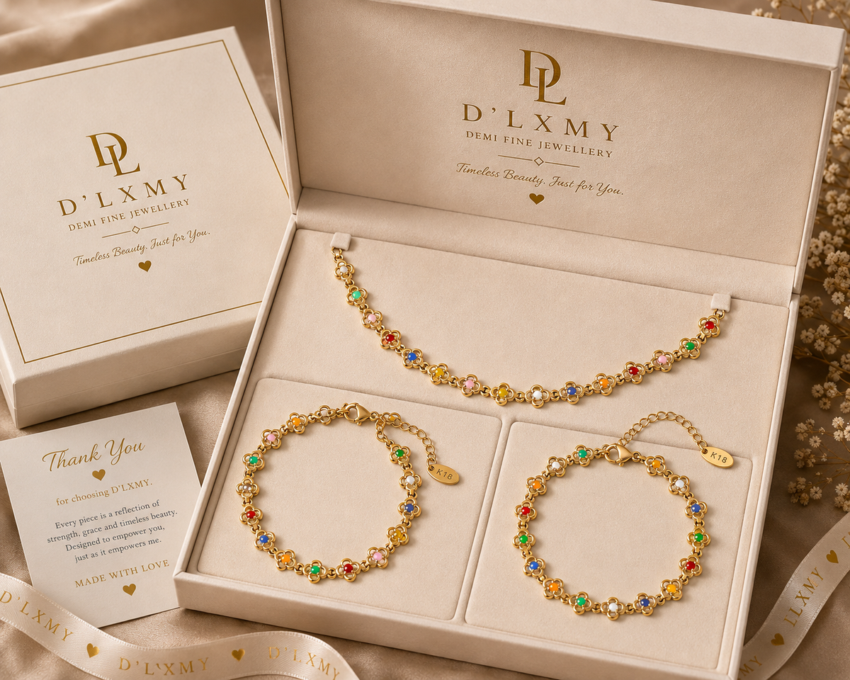 HER - Clover Design Necklace, Bracelet, Anklet Set - 18K Gold Plated Stainless Steel