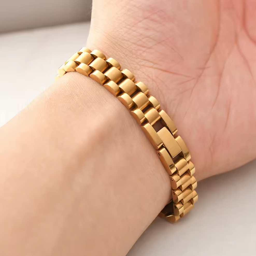 HIS - Watch Charm Cuff Designer Bracelet - 18k Gold Plated Stainless Steel
