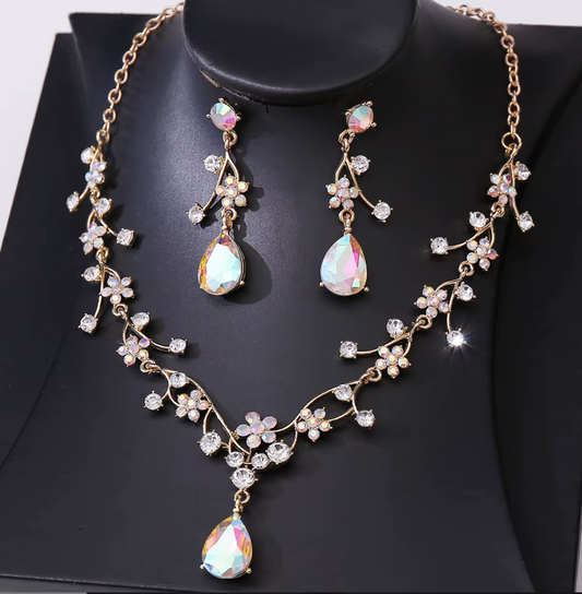 Starry Sky Flower Diamond Clavicular Chain Necklace Earring Set