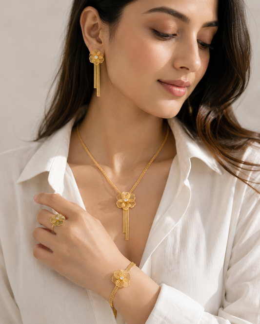 HER - Zircon Flower Tassel Necklace Earrings Ring Bracelet Set - 18K Gold Plated Stainless Steel