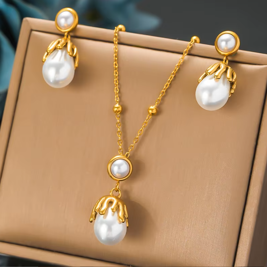 HER - Flower, Pearl, Square Necklace Earrings Sets - 18k Gold Plated Stainless Steel