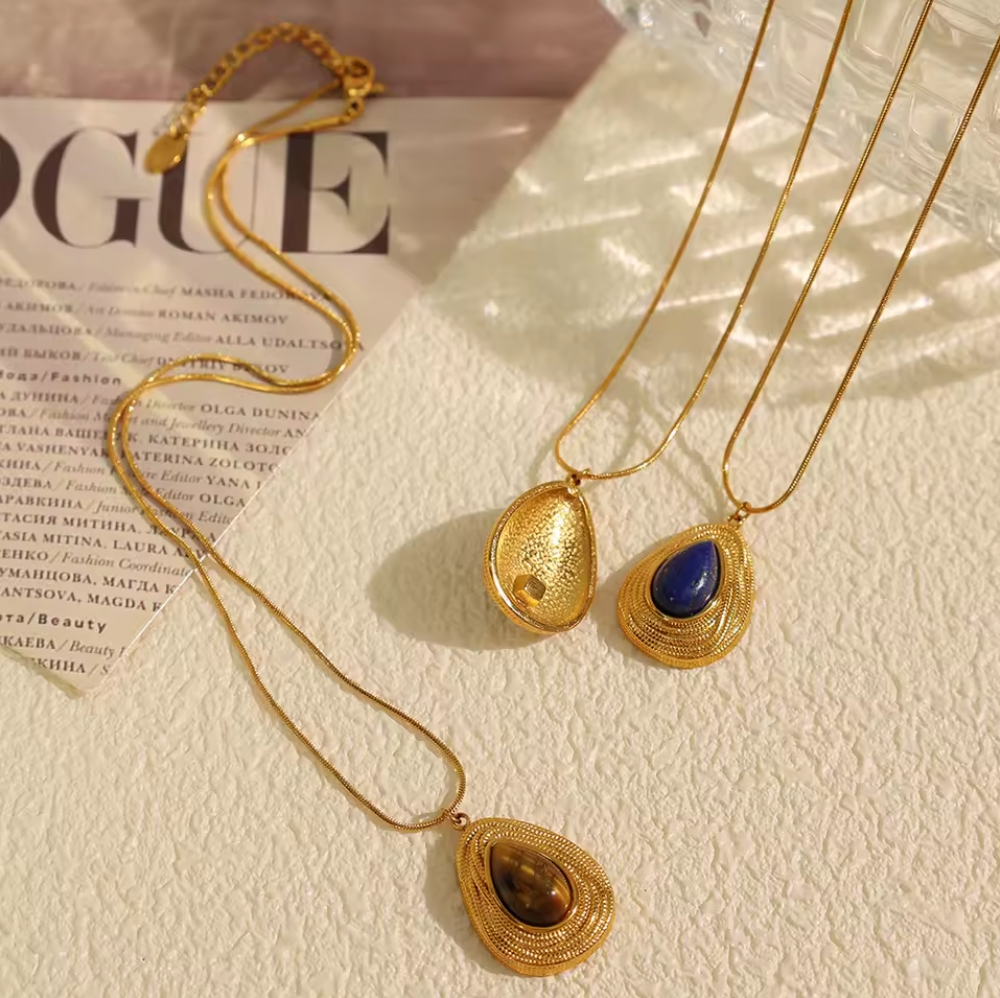 HER - Retro Style Natural Stone Necklace and Earrings Studs - 18K Gold PVD Plated Stainless Steel