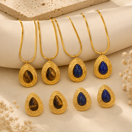HER - Retro Style Natural Stone Necklace and Earrings Studs - 18K Gold PVD Plated Stainless Steel