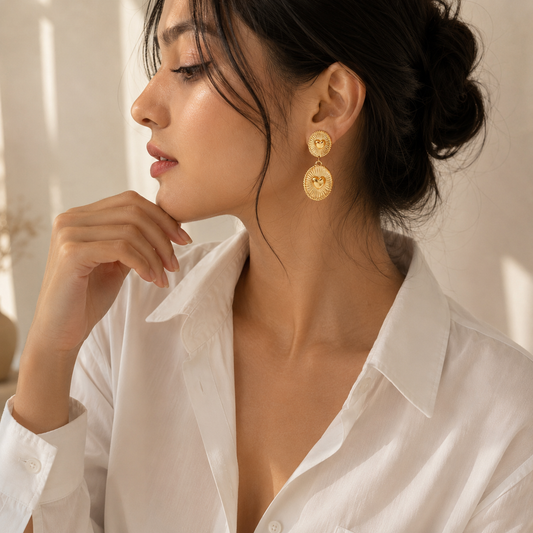 HER - Heart & Round Stud Earrings - 18K Gold Plated Stainless Steel Polished Finish