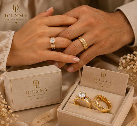 COUPLE - Round Cut Cubic Zircon Couples Rings - 18k Gold Plated Stainless Steel