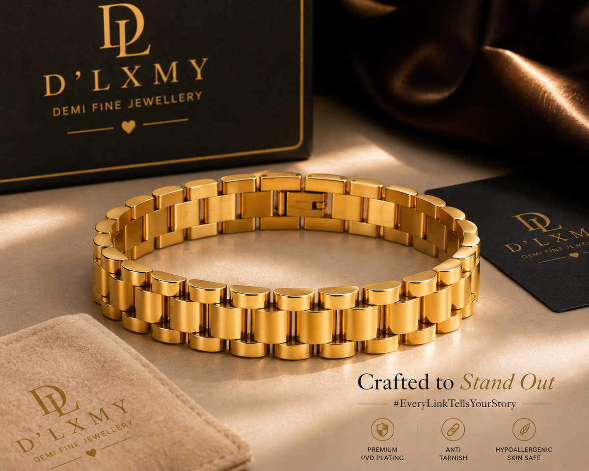 HIS - Watch Charm Cuff Designer Bracelet - 18k Gold Plated Stainless Steel
