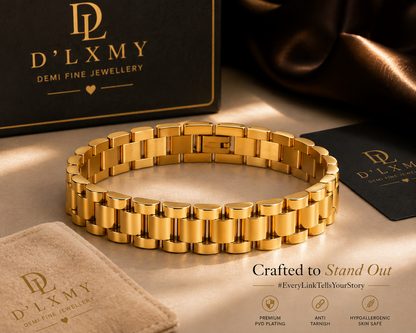 HIS - Watch Charm Cuff Designer Bracelet - 18k Gold Plated Stainless Steel