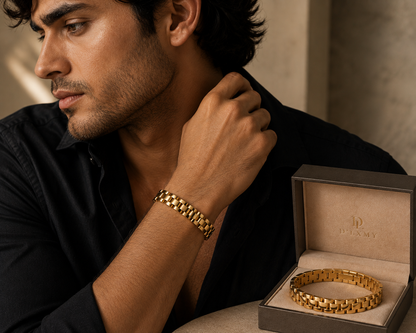 HIS - Watch Charm Cuff Designer Bracelet - 18k Gold Plated Stainless Steel
