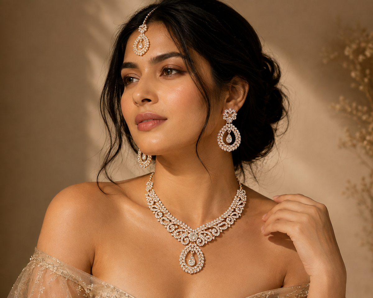 HER - Baroque Crystal 3 Piece Bridal Earrings Necklace Jewelry Set