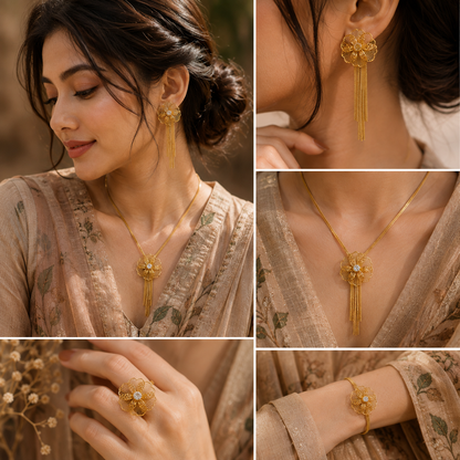 HER - Zircon Flower Tassel Necklace Earrings Ring Bracelet Set - 18K Gold Plated Stainless Steel
