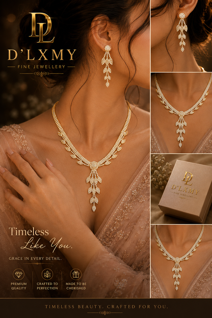 HER - Leaf Tassels Long Length Rhinestones Necklace Earring Jewelry Set