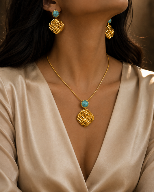 HER - Flower, Pearl, Square Necklace Earrings Sets - 18k Gold Plated Stainless Steel