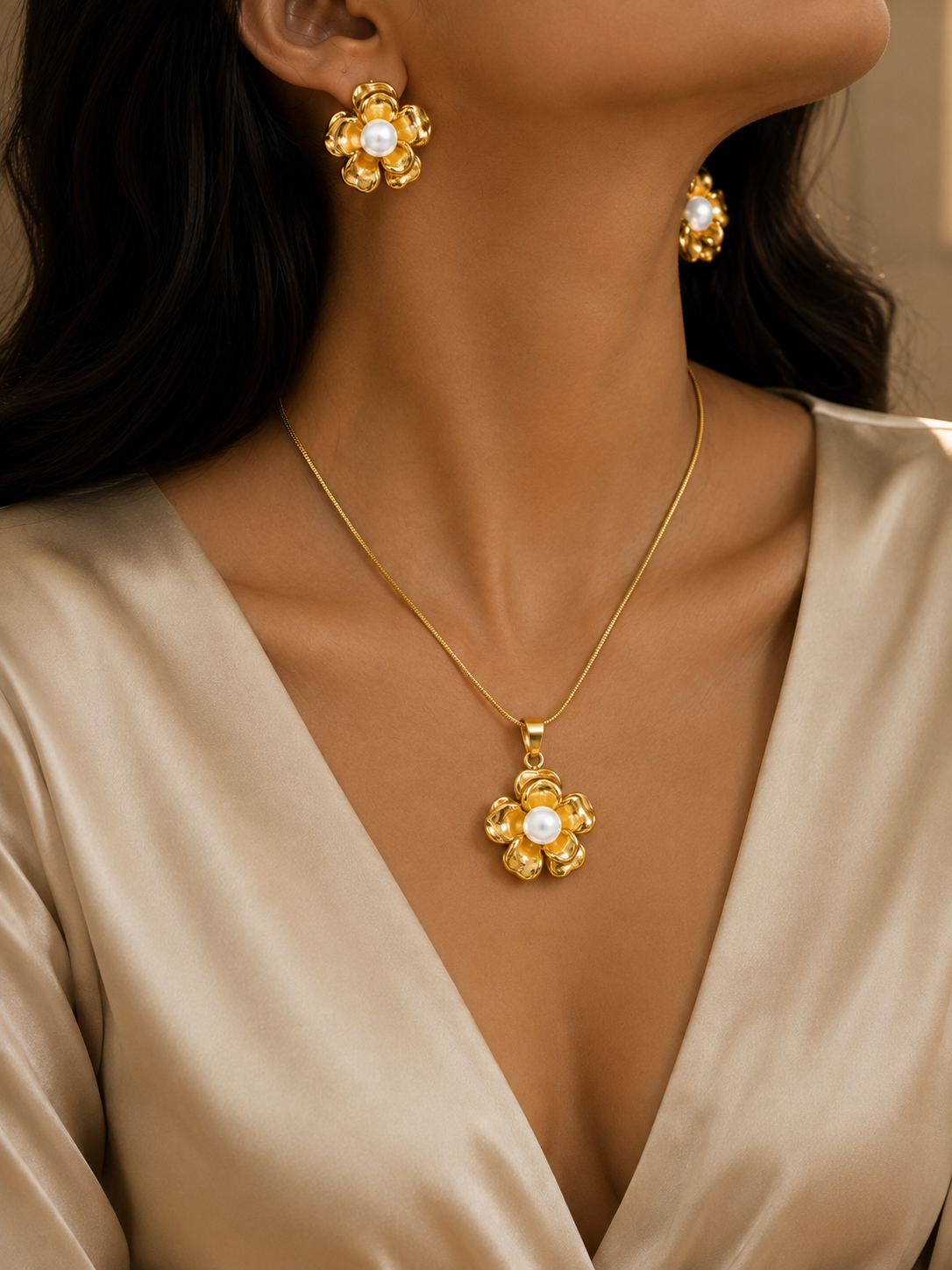 HER - Flower, Pearl, Square Necklace Earrings Sets - 18k Gold Plated Stainless Steel