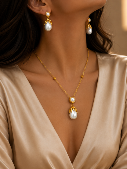 HER - Flower, Pearl, Square Necklace Earrings Sets - 18k Gold Plated Stainless Steel