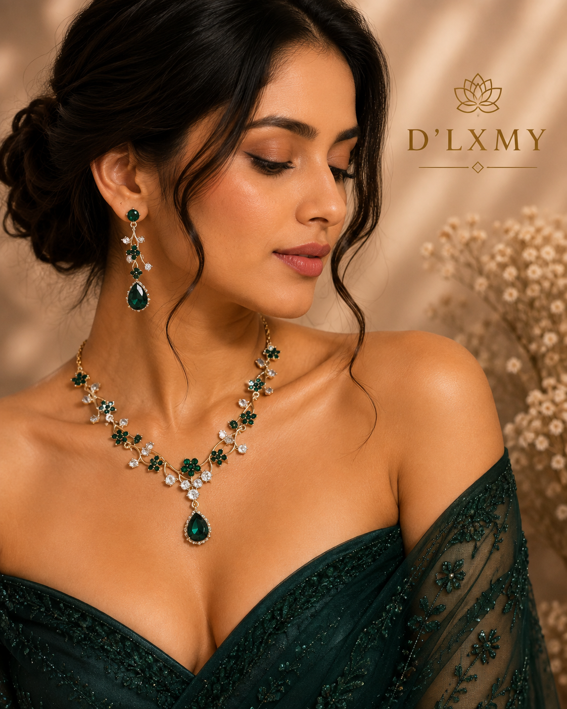 HER - Starry Sky Flower Diamond Clavicular Chain Necklace Earring Set