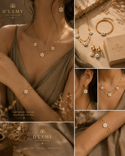 HER - Korean Style Shell Flower Double Layer Necklace-Earrings-Bracelet Jewelry Set - 18K Gold Plated Stainless Steel