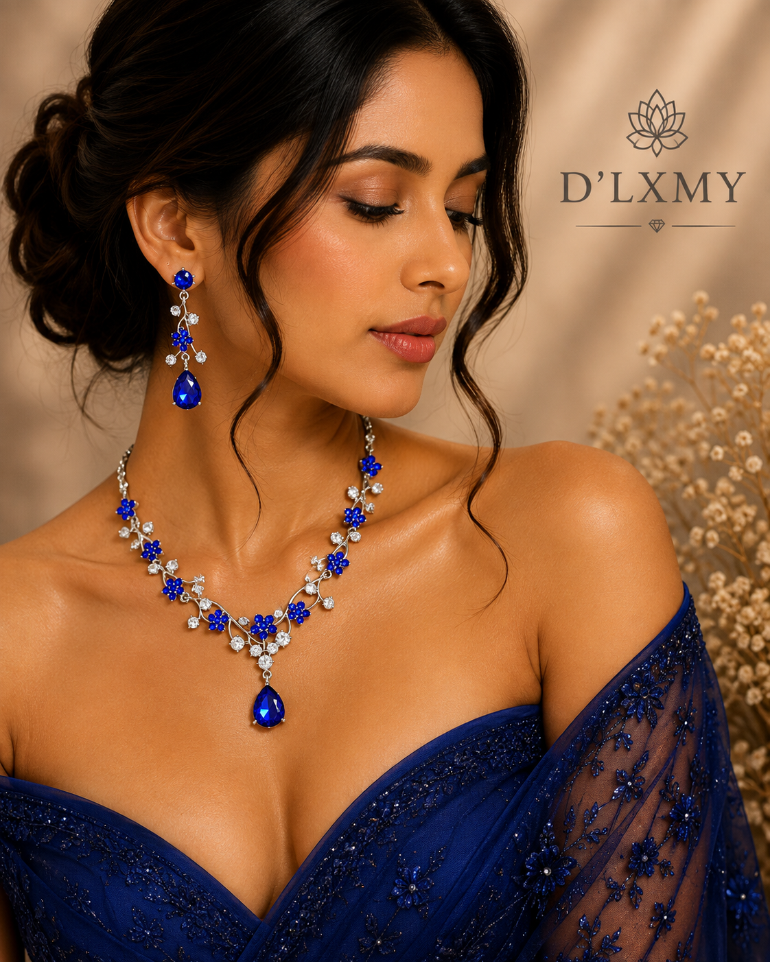 HER - Starry Sky Flower Diamond Clavicular Chain Necklace Earring Set