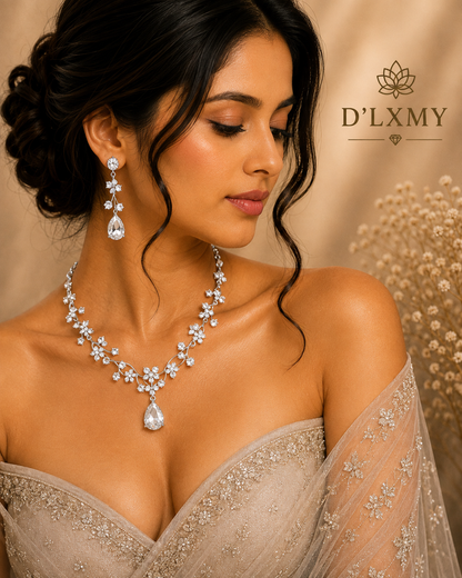 HER - Starry Sky Flower Diamond Clavicular Chain Necklace Earring Set
