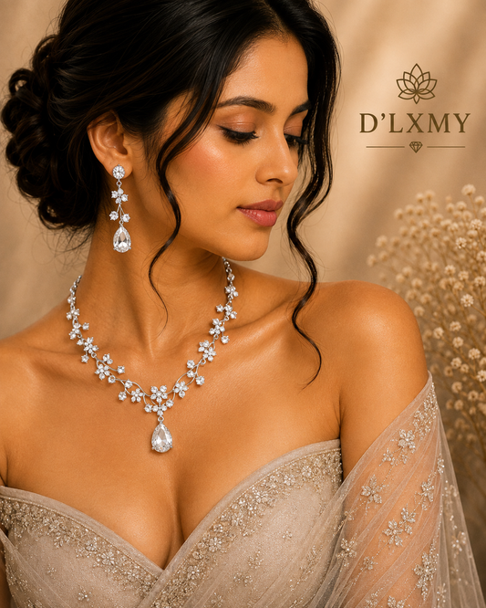 Starry Sky Flower Diamond Clavicular Chain Necklace Earring Set