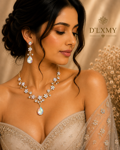 HER - Starry Sky Flower Diamond Clavicular Chain Necklace Earring Set