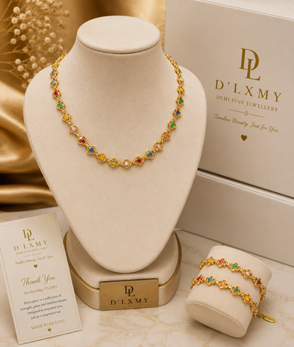 HER - Clover Design Necklace, Bracelet, Anklet Set - 18K Gold Plated Stainless Steel