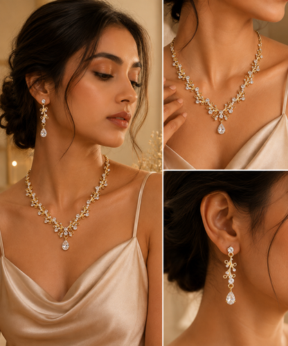 HER - Korean Exquisite Water Drop Zircon Necklace Earring Set - Wedding Bride Jewelry