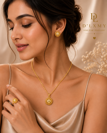 HER - Minimalistic Necklace,Rings,Earrings Set - 24K Gold Plated Alloy