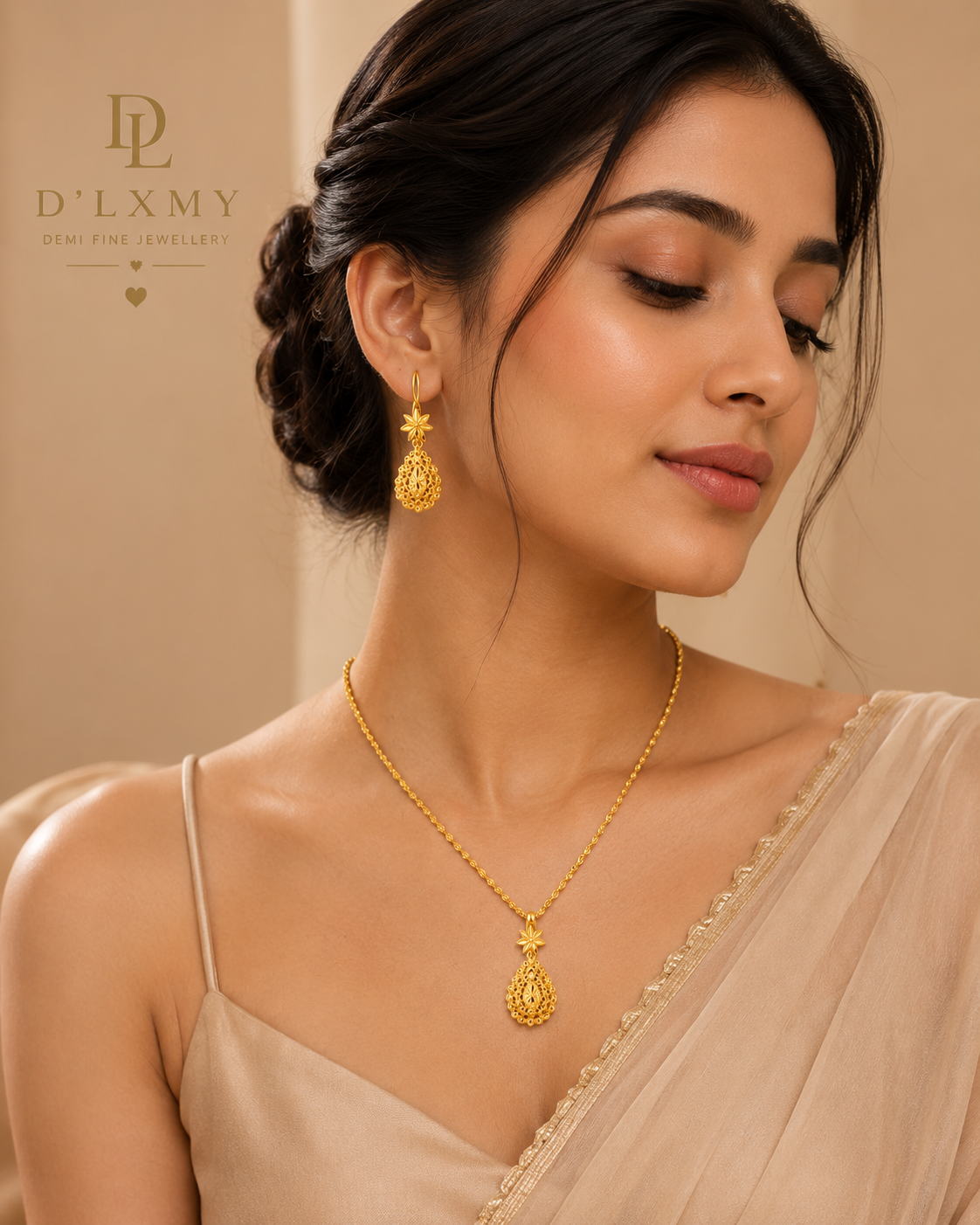 HER - Trendy Necklace Pendant & Earrings Jewelry Set - 22k Gold Plated
