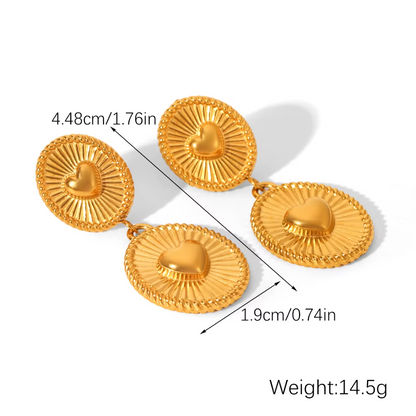 Heart & Round Stud Earrings - 18K Gold Plated Stainless Steel Polished Finish