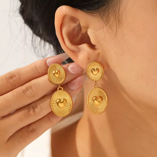 HER - Heart & Round Stud Earrings - 18K Gold Plated Stainless Steel Polished Finish