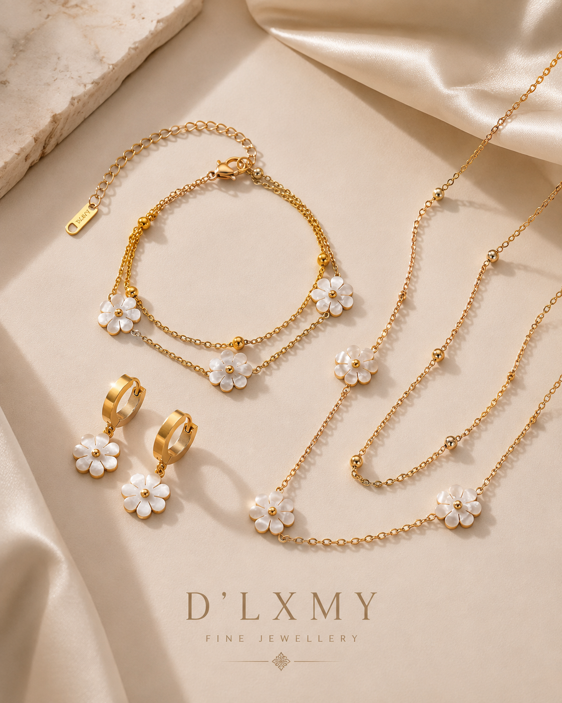 HER - Korean Style Shell Flower Double Layer Necklace-Earrings-Bracelet Jewelry Set - 18K Gold Plated Stainless Steel