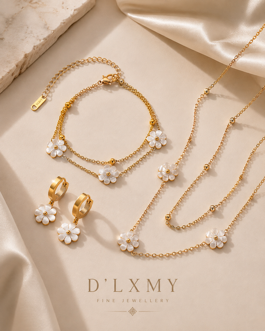 HER - Korean Style Shell Flower Double Layer Necklace-Earrings-Bracelet Jewelry Set - 18K Gold Plated Stainless Steel