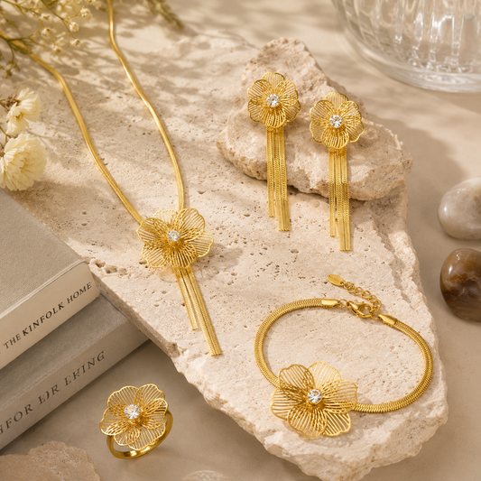 HER - Zircon Flower Tassel Necklace Earrings Ring Bracelet Set - 18K Gold Plated Stainless Steel