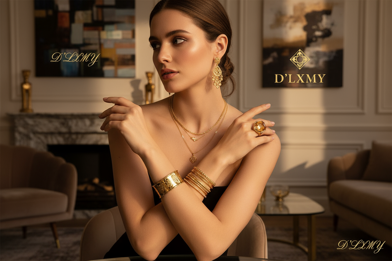 lady wearing elegant gold jewelry with D'LXMY logo in background