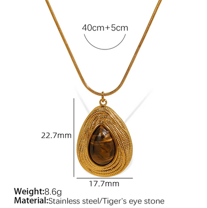 Retro Style Natural Stone Necklace and Earrings Studs - 18K Gold PVD Plated Stainless Steel
