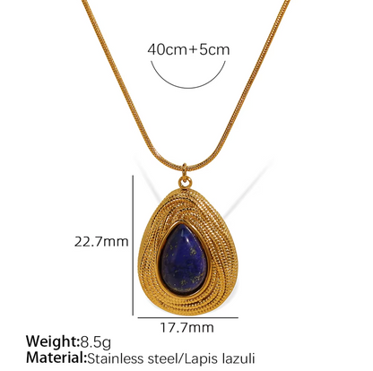 Retro Style Natural Stone Necklace and Earrings Studs - 18K Gold PVD Plated Stainless Steel