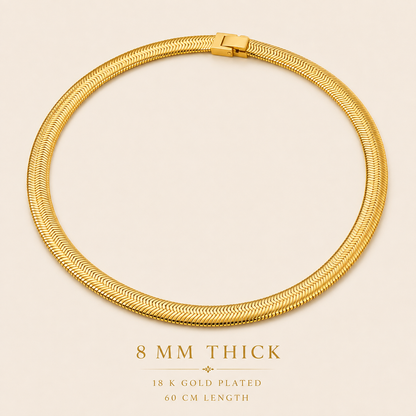 HIS - High Quality Herringbone Flat Snake Chain Necklace - 18k Gold Plated 8mm Thick