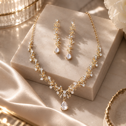 HER - Korean Exquisite Water Drop Zircon Necklace Earring Set - Wedding Bride Jewelry