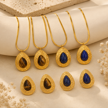 HER - Retro Style Natural Stone Necklace and Earrings Studs - 18K Gold PVD Plated Stainless Steel