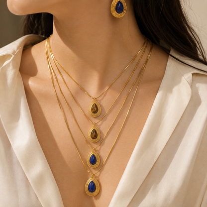 HER - Retro Style Natural Stone Necklace and Earrings Studs - 18K Gold PVD Plated Stainless Steel