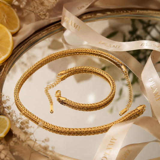 HER - Minimalist Weaving Chain Necklace Bracelet Jewelry Set - 18K Gold Plated Stainless Steel Metal