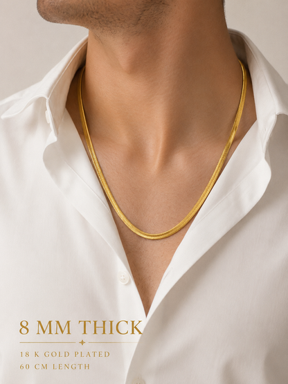 HIS - High Quality Herringbone Flat Snake Chain Necklace - 18k Gold Plated 8mm Thick
