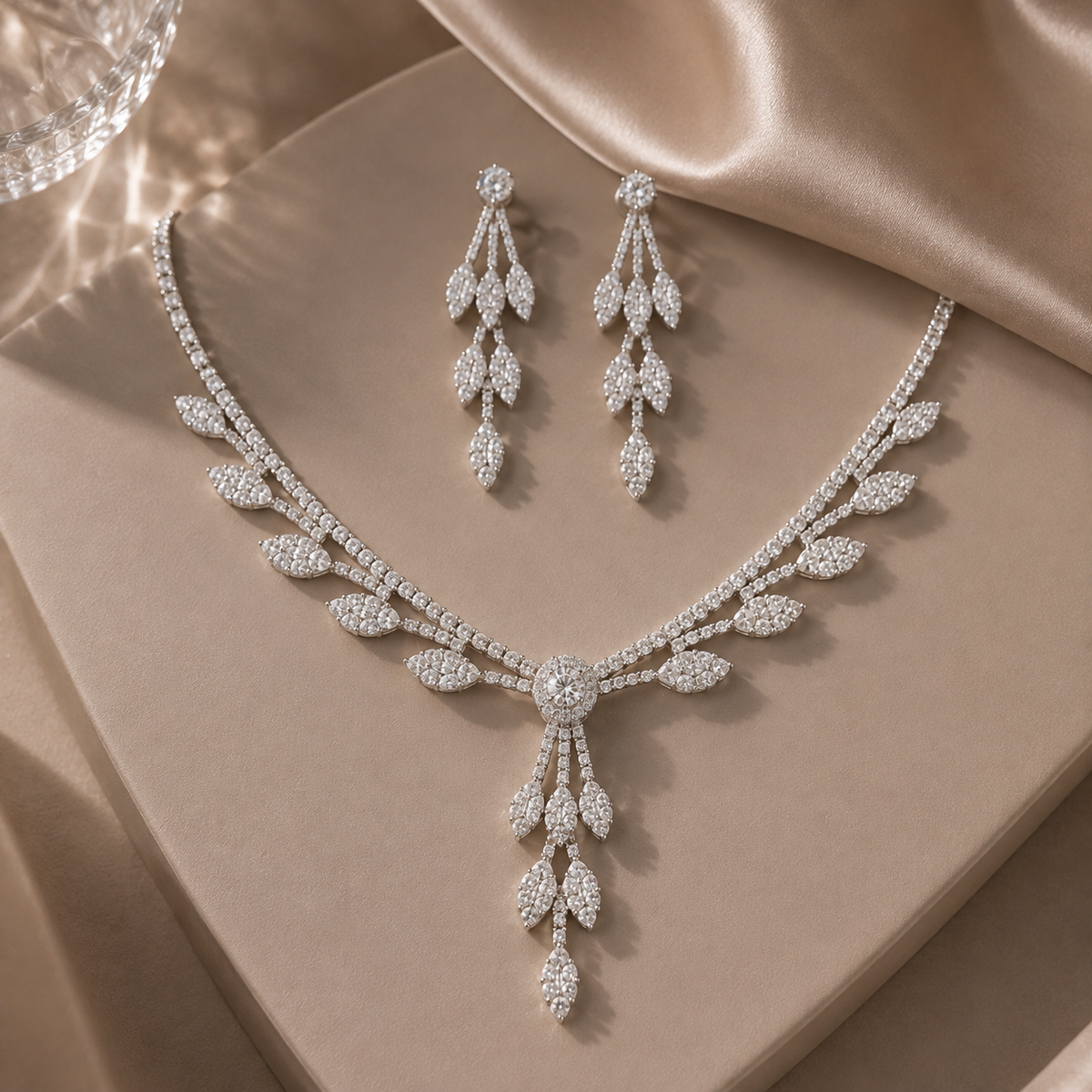 HER - Leaf Tassels Long Length Rhinestones Necklace Earring Jewelry Set
